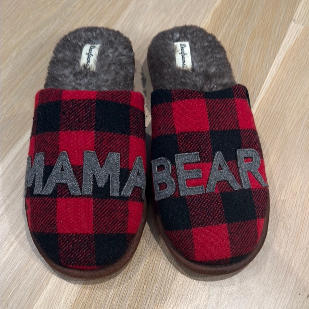 Dearfoams Red and Black Plaid Mama Bear Slippers